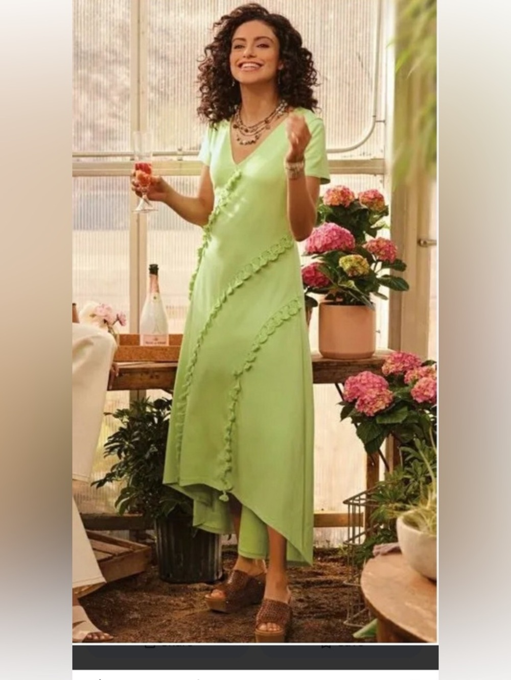 Soft Surroundings Light Green V‑Neck High‑Low Dress with Floral Trim